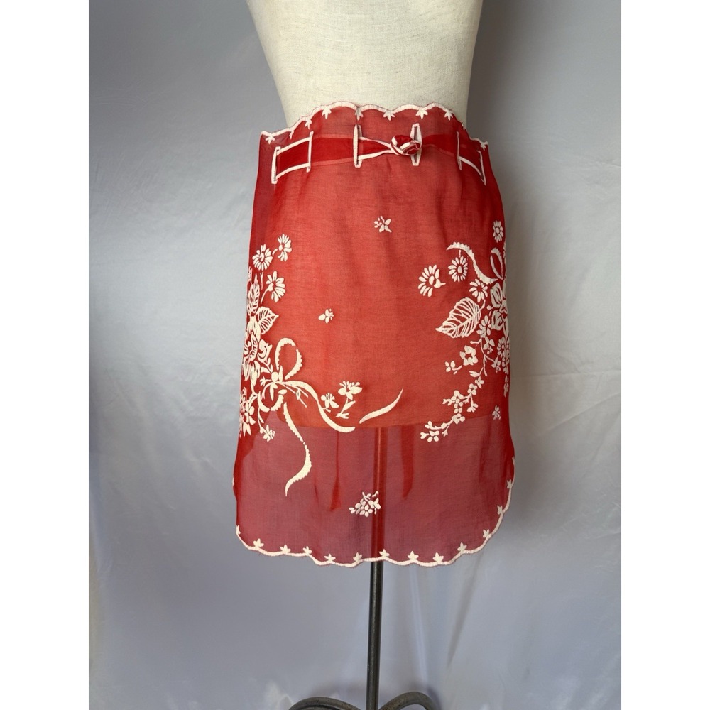 Vintage Sheer Christmas Floral Red White Embossed Half Apron Hostess‎ Retro